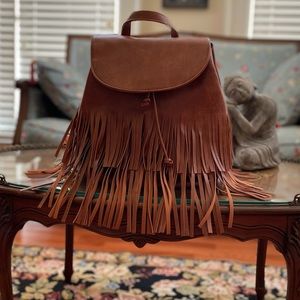 NWOT Faux Leather Brown Fringe Bag.